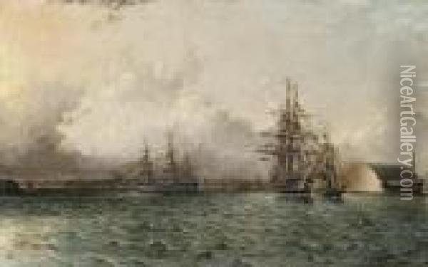 An American 74 Gun Ship, 0ld Brooklyn Navy Yard, East River, New York Oil Painting - James E. Buttersworth
