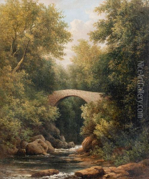 Footbridge Over A River Landscape Oil Painting - William Gill