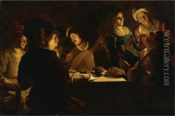 Elegant Figures Eating And Singing In An Interior Oil Painting - Gerrit Van Honthorst