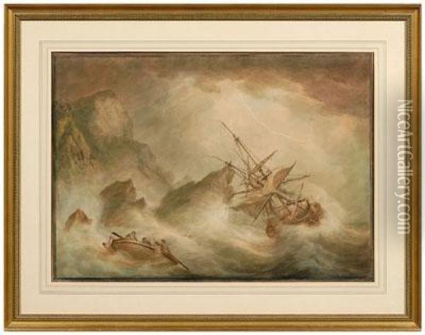 Rocky Coast In Stormy Sea, Shipwreck And
 Life Boat Oil Painting - Nicholas Pocock