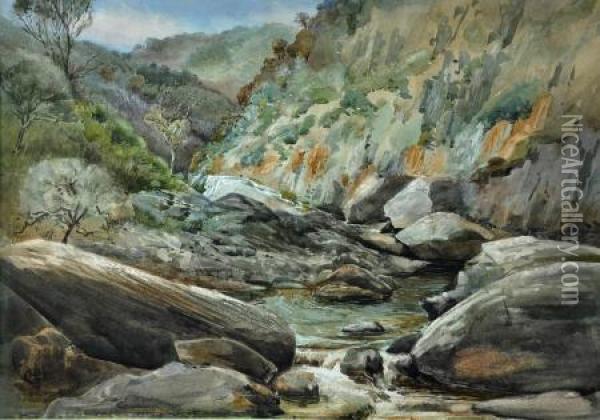 a Gorge On The Onkaparinga Near Hackham Oil Painting - Harry P. Gill