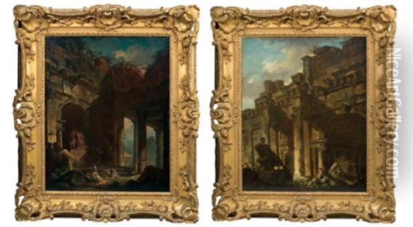 Ruines Romaines Animees (pair) Oil Painting - Hubert Robert