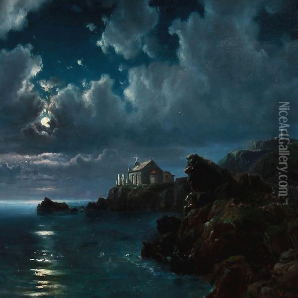 Moonlight Over A Church At The Scottish Coast Oil Painting - Vilhelm Melbye