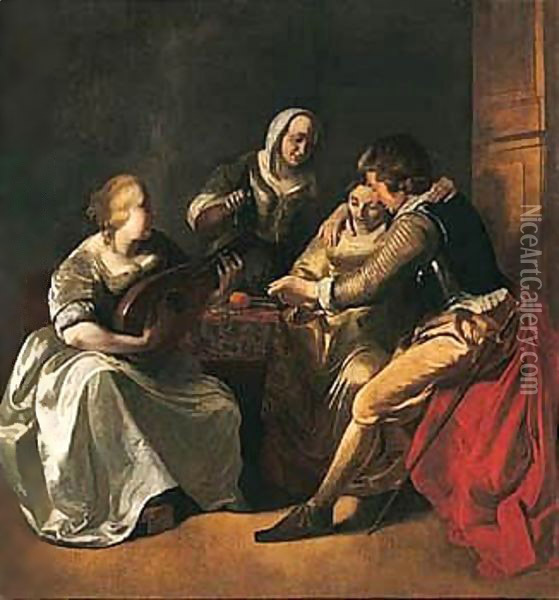 An Interior With A Couple Seated At A Table, Another Lady Playing The Lute And A Man Standing Behind Oil Painting - Jacob Ochtervelt