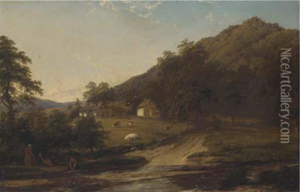 Figures By A River With Cottages Beyond Oil Painting - Thomas Baker Of Leamington