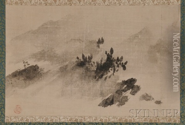 Hakuboku A Sansui Landscape With A Figure In A Boat Oil Painting - Eitoku Kano