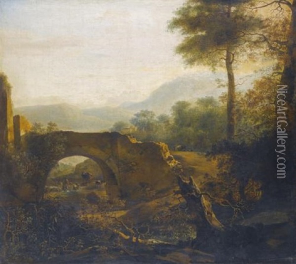 A Landscape With A Ruined Bridge, A Goatherder And A Town With Mountains Beyond Oil Painting - Adam Pynacker