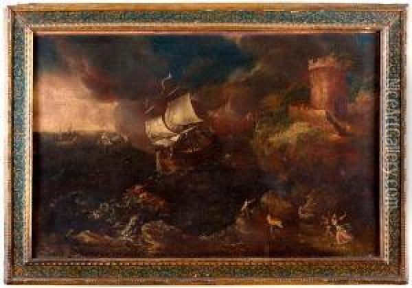 Mare In Tempesta Con Naufraghi Oil Painting - Matthieu Van Plattenberg