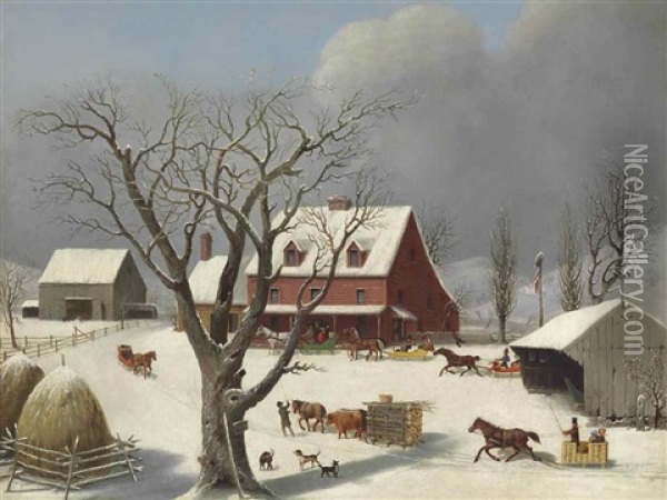 Sleighs Arriving At The Inn Oil Painting - George Henry Durrie