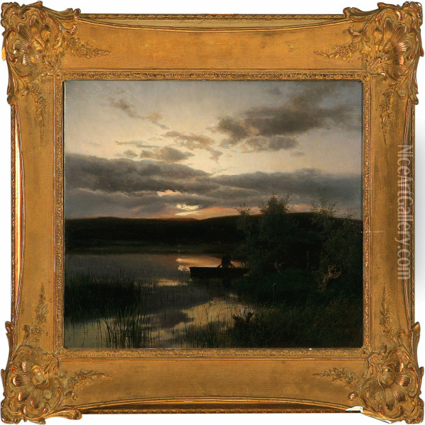 Sunset With A Manfishing In A Lake Oil Painting - Auguste Bromeis