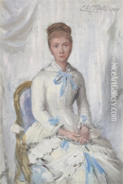 Portrait Of A Woman In White With Blue Trim Oil Painting - Charles Joshua Chaplin