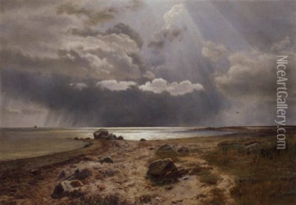 Kystlandskab Med Uverjrshimmel Og Solspejling I Vandet Oil Painting - Janus la Cour