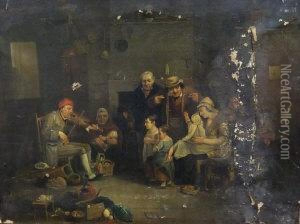 An Family By The Fire With Man Playing The Violin Oil Painting - Thomas Webster
