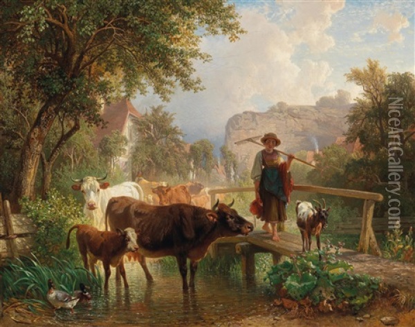 A Farmgirl And Cattle By A Cool Creek Oil Painting - Johann Friedrich Voltz