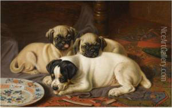Dinner, Two Pugs And A Terrier Oil Painting - Horatio Henry Couldery