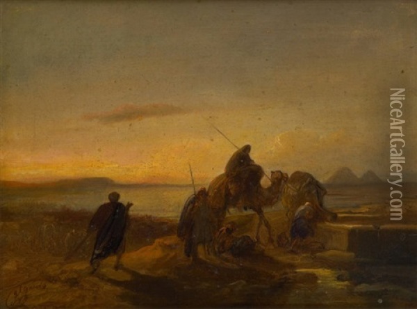 Caravane Arrivant Au Puits (orientaliste) Oil Painting - Jacob Jacobs
