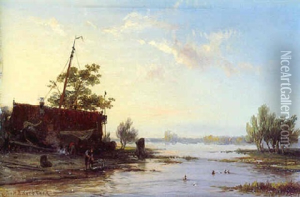 A Shipyard At Sunset Oil Painting - Johannes Hermanus Barend Koekkoek