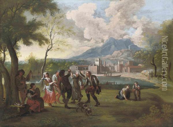 Peasants Music Making And Dancing Beside A Lake, A Citybeyond Oil Painting - Paolo Monaldi