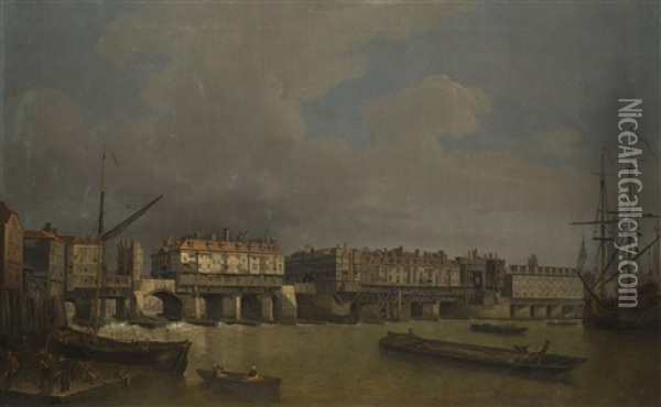 View Of Old London Bridge Oil Painting - Samuel Scott
