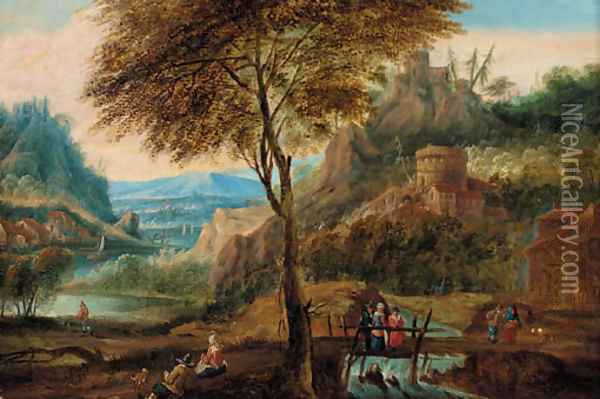 Figures by a bridge, an extensive Rhenish landscape beyond Oil Painting - Jan Griffier
