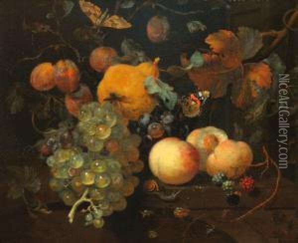Stillife Withpeaches, Pear, Brambles, Snail And Night-moth On A Table Oil Painting - Jan Mortel