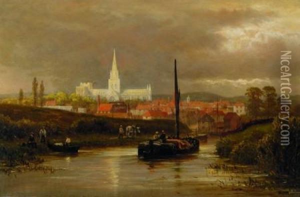 River Barges And Distant City Oil Painting - William Henry Mander