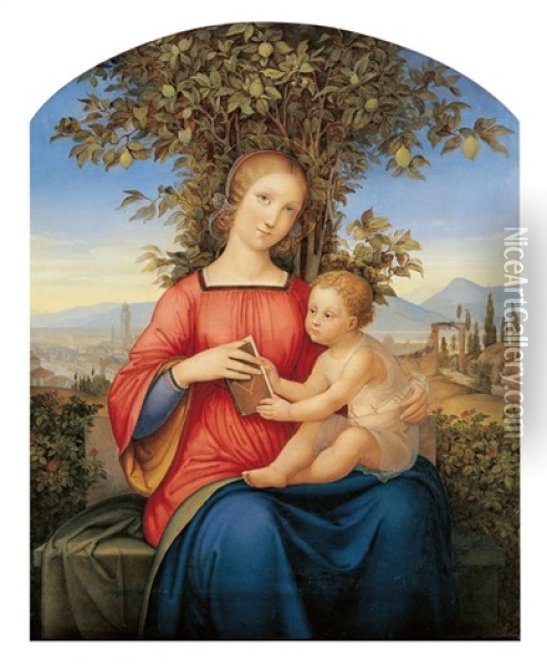 Madonna Mit Kind Auf Einer Gartenbank Sitzend Oil Painting - Julius Schnorr Von Carolsfeld
