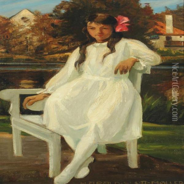 A Young Girl In White, Probably The Artist's Daughter Lykke Oil Painting - Harald Slott-Moller