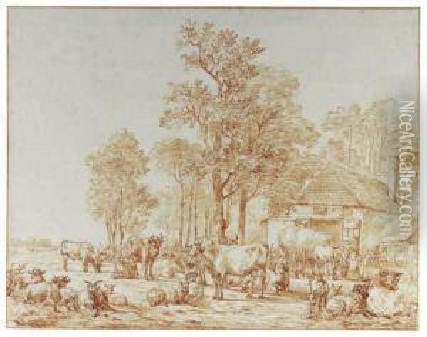 Cattle In A Meadow Near A Farm Oil Painting - Jan Van Ravenswaay