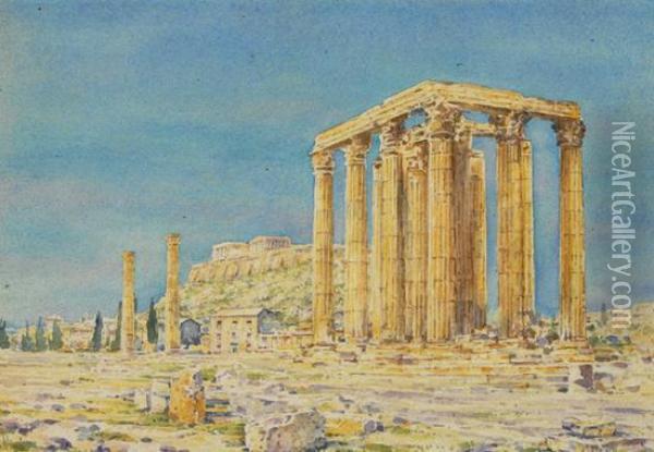 Temple Of Zeus, Olympius And Acropolis, Athens Oil Painting - Angelos Giallina