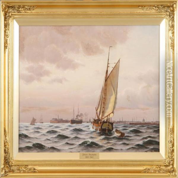 Seascape With Ships Off The Coast Of Copenhagen. Signed Johan Neumann Oil Painting - Johann Jens Neumann