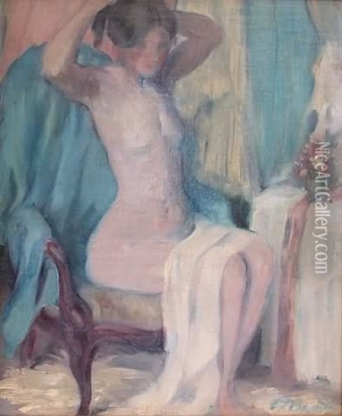 Impressionist Portrait Of A Nude Seated In A Chair With A White Drape Across Her Lap As She Dresses Her Hair Oil Painting - Everett Lloyd Bryant