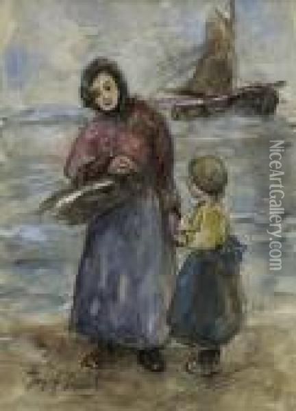 Mutter Mit Kind Am Strand. Oil Painting - Jozef Israels