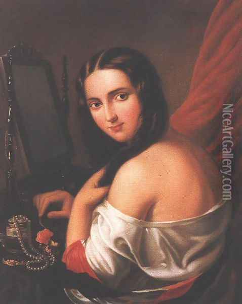 Woman Seated before a Mirror 1840s Oil Painting - Jakab Marastoni
