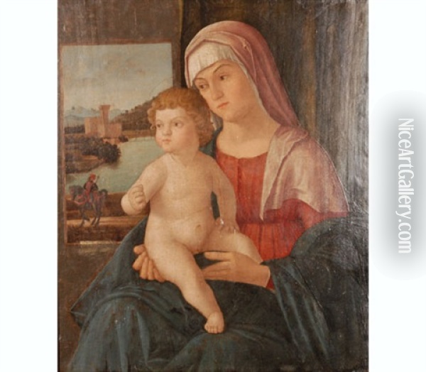 Madonna Mit Kind - Im Hintergrund Ein Fenster Mit Blick Auf Eine Burg Und Einen Ritter Zu Pferd Oil Painting - Vittore Carpaccio