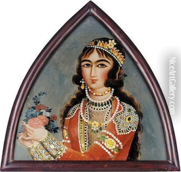 Reverse-glass Painting Of A Jewelled Maiden Holding A Small Bouquet Of Flowers, Persia, Qajar, Style Of Mihr Ali, Early 19th Century Oil Painting - Mihr Ali