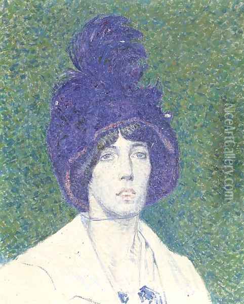 Dame met blauwe hoed - Lady with blue hat Oil Painting - Ferdinand Hart Nibbrig