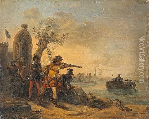A Small Group Of Soldiers Defending An Outpost By The Water's Edge Oil Painting - Hendrik Rochussen the Elder