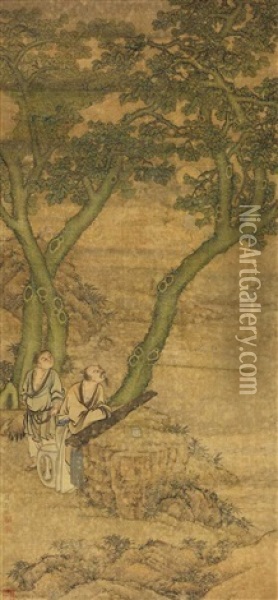 Gelehrter Unter Wutong-baumen, Eine Zither Spielend, Die Auf Einem Felsen Vor Ihm Liegt, Und Zum Mond Hochschauend Oil Painting -  Gu Jianlong