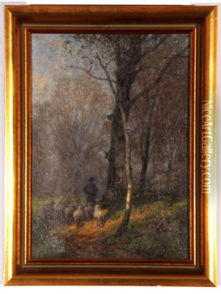 Winter Wooded Landscape With Shepherd And Sheep In A Lane Oil Painting - August (Karl Martin A.) Splitgerber