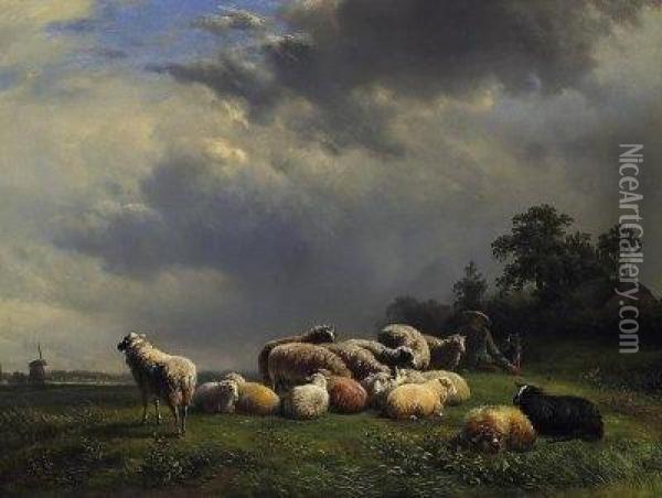 Shepherd And Sheep In A Vast Summer Landscape Oil Painting - Franz van Severdonck