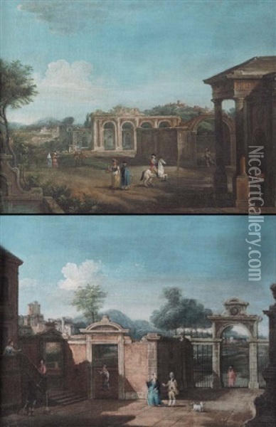 Paesaggio Con Cortile Di Villa E Figure (+ Paesaggio Con Ruderi E Figure; Pair) Oil Painting - Francesco Battaglioli