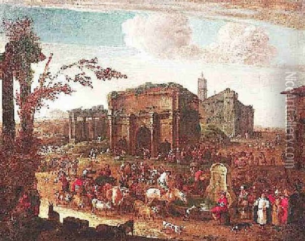 Markttreiben Vor Romischen Ruinen Oil Painting - Adriaen Frans Boudewyns the Elder