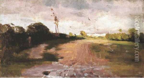 Wet Road Oil Painting - Arthur Ernest Streeton
