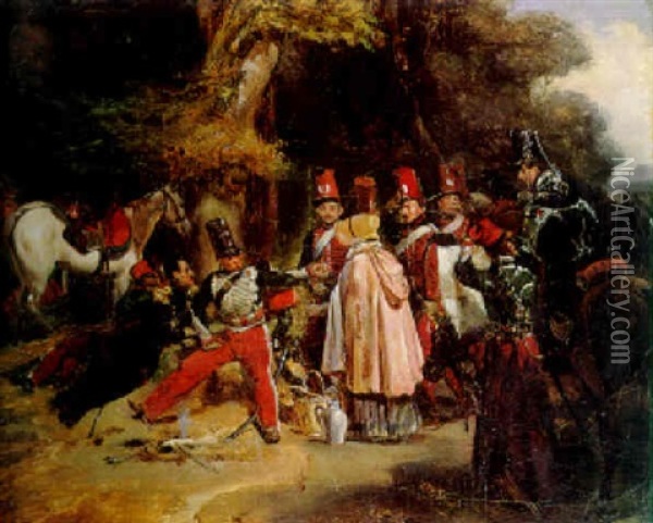 Halte De Hussards Au Camp De Luneville Oil Painting - Eugene Louis Lami