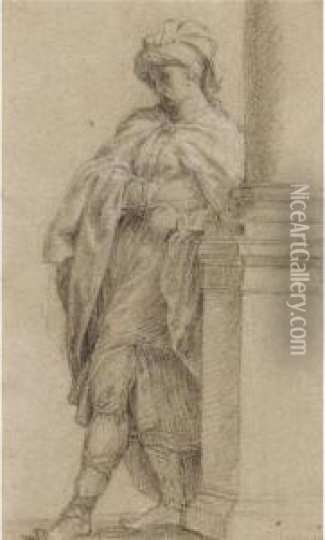Recto: A Standing Turkish Man Wearing A Cloak Leaning On A Column Verso: Two Hands Holding A Dagger And A Separate Study Of A Left Hand Oil Painting - Francesco Monti