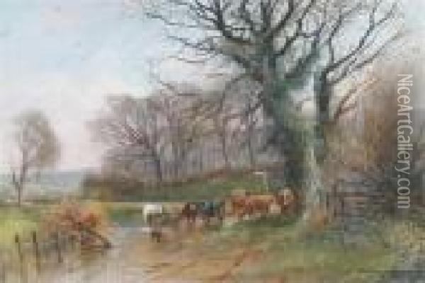 Cattle Watering Oil Painting - Henry Charles Fox