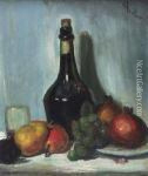 Still Life Of Fruit And Wine Bottle Oil Painting - George Leslie Hunter