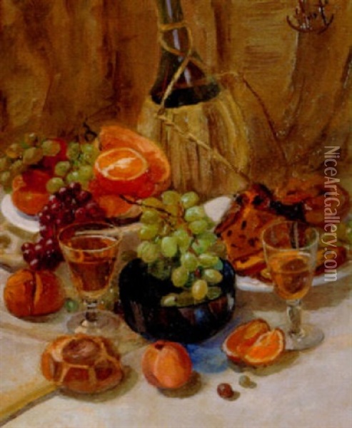Still Life With Fruit And Wine Oil Painting - George Overbury Hart