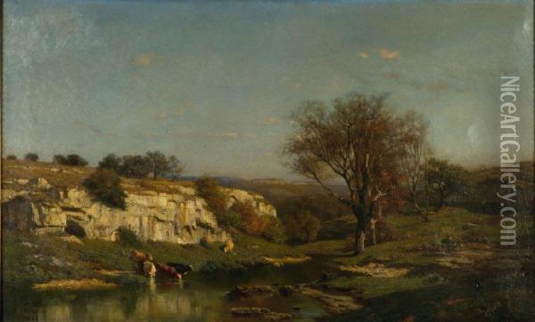 Berger Et Son Troupeau De Vaches Pres D'une Riviere Oil Painting - Alphonse Cl. Antonin Fanart